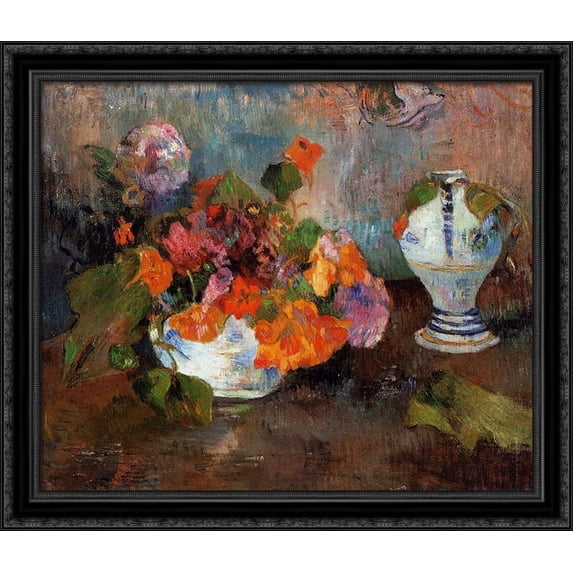 The vase of nasturtiums 34x28 Large Black Ornate Wood Framed Canvas Art by Paul Gauguin