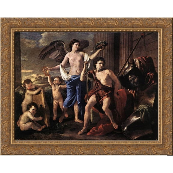 The victorious David 24x20 Gold Ornate Wood Framed Canvas Art by Poussin, Nicolas