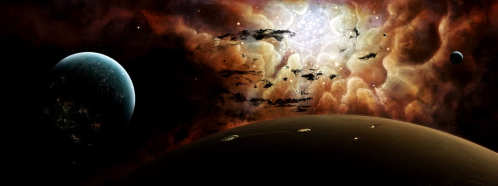 The view from a busy planetary system to a nearby stellar nursery Canvas Art - Brian ChristensenStocktrek Images (46 x 18)