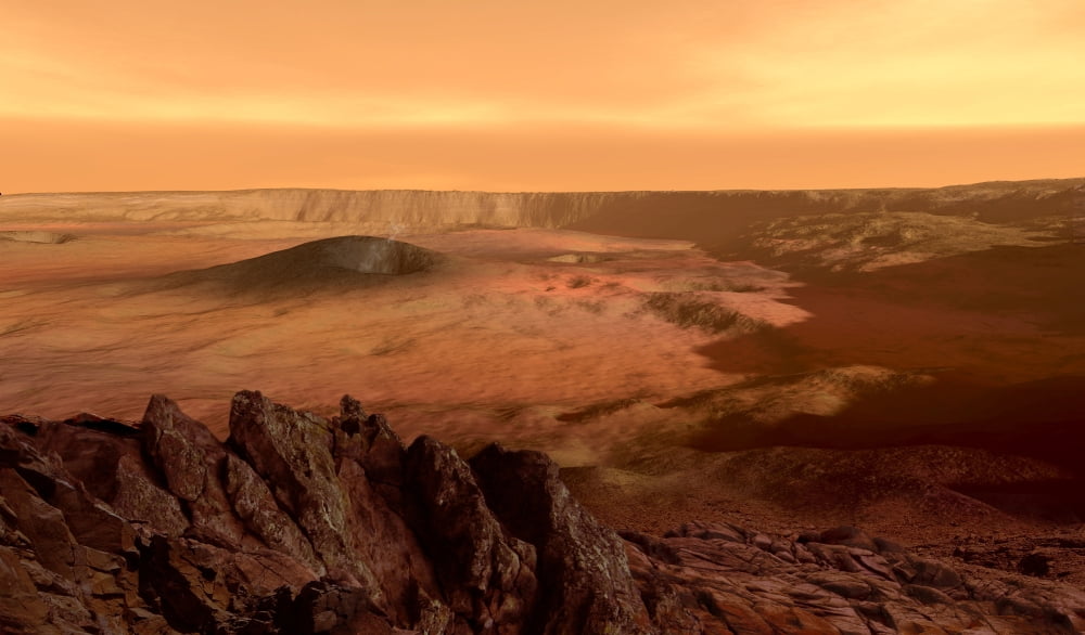 The view from the rim of the caldera of Olympus Mons on Mars Canvas Art - Ron MillerStocktrek Images (19 x 11)