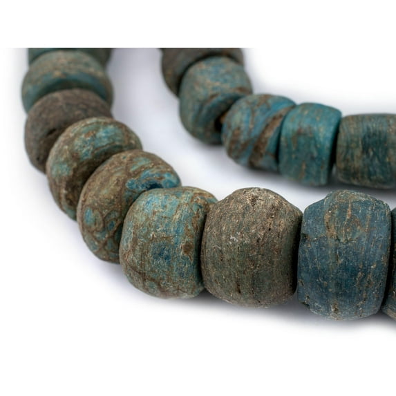 The Bead Chest Antique Turquoise Blue Hebron Kano Beads 19mm Ghana African Cylinder Glass Large Hole 26-28 Inch Strand Handmade
