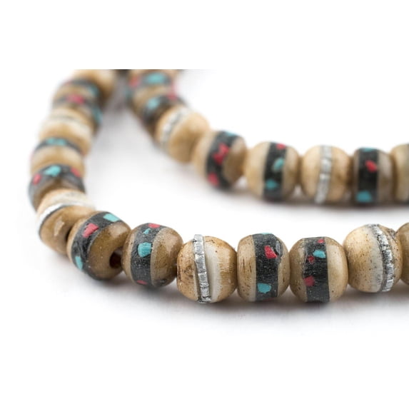 The Bead Chest Rustic Inlaid Bone Mala Beads 6mm Nepal Brown Round Large Hole 23 Inch Strand