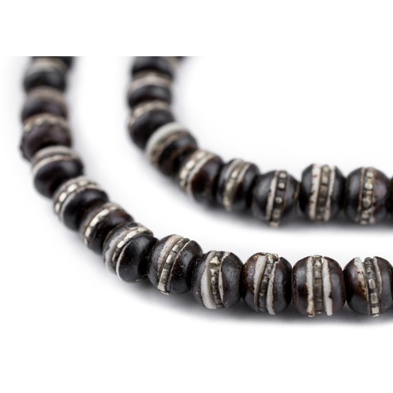 The Bead Chest Silver-Inlaid Black Bone Mala Beads (6mm): Nepal Spacers Buddhist Tibetan Prayer Beads