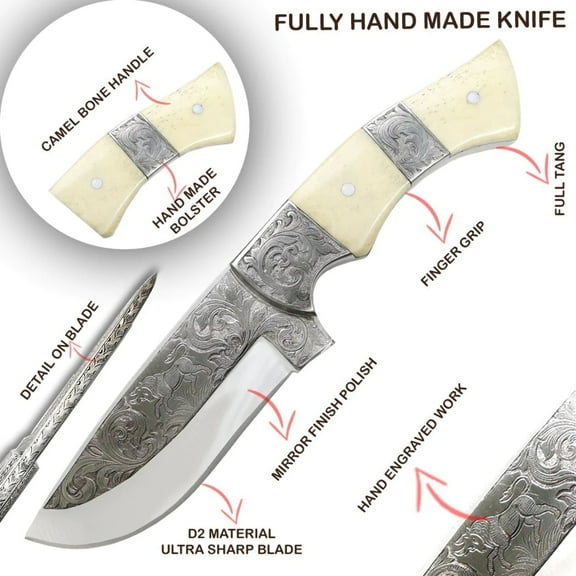 TheBoneEdge 10" Engraved Blade Horn Handle Custom Hand Made Tracker Hunting knife With Sheath