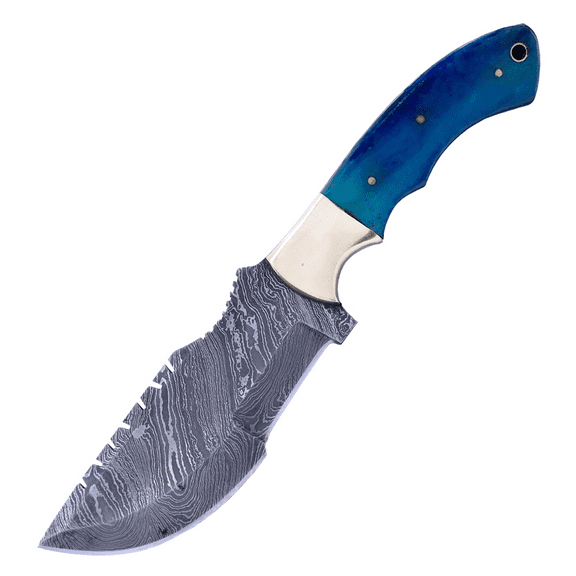 TheBoneEdge 10"" Damascus Blade Tracker Hunting knife Blue Bone Handle With Leather Sheath