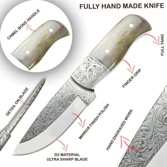 TheBoneEdge 10" Green  Brown Wood Handle Engraved Blade Hand Made Tracker Hunting knife With Sheath