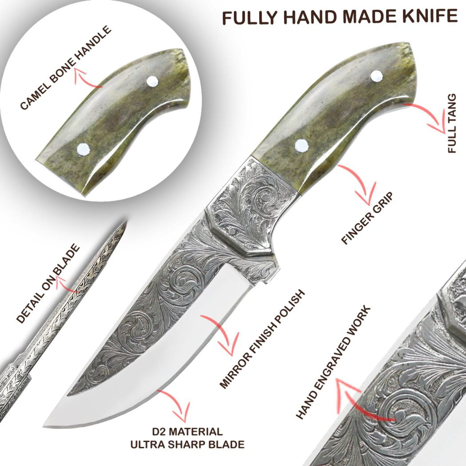 TheBoneEdge 10" Hand Made Engraved Blade Green  Brown Wood Handle Tracker Hunting knife With Sheath
