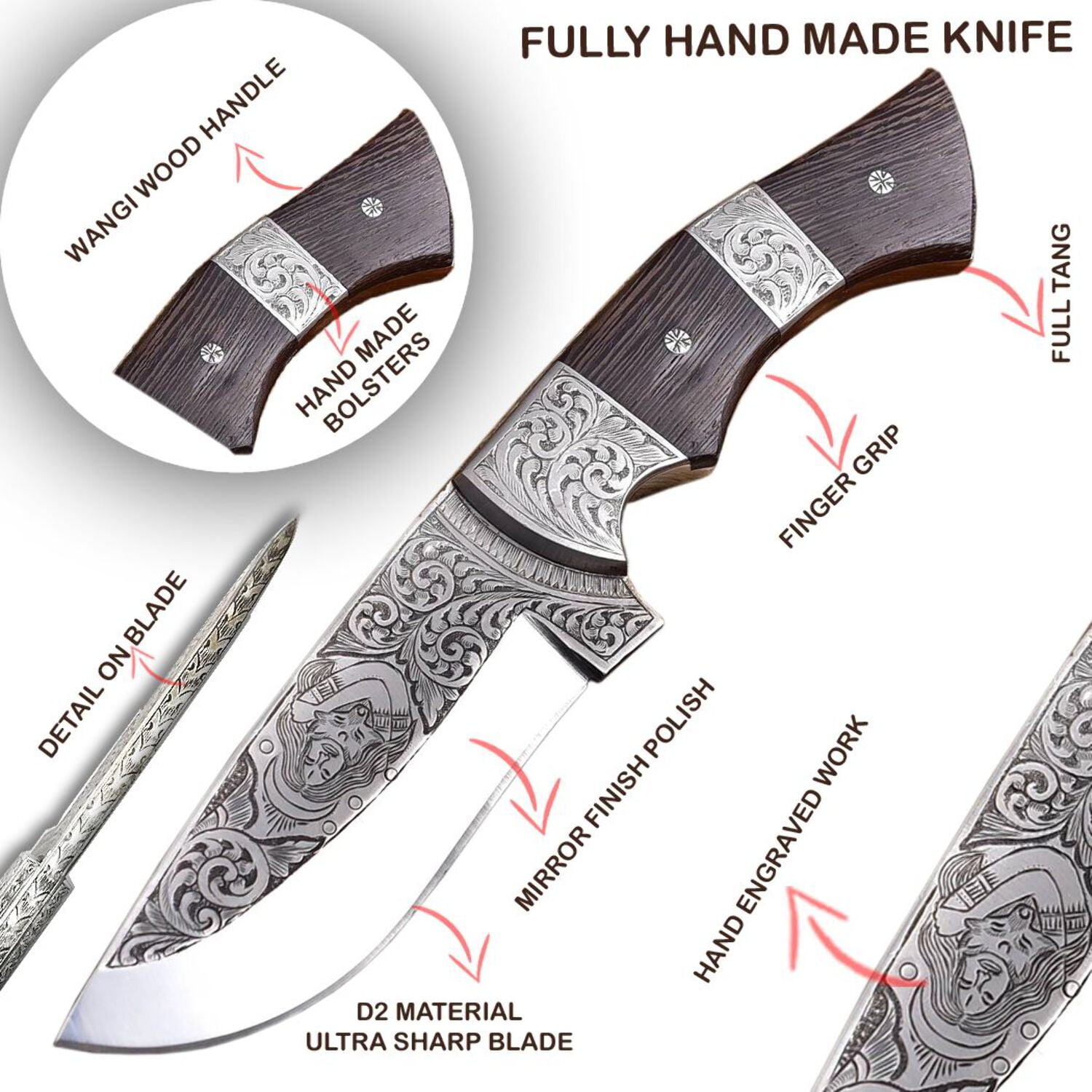 TheBoneEdge 10" Wanging Wood Handle Engraved Blade Hand Made Tracker Hunting knife With Sheath