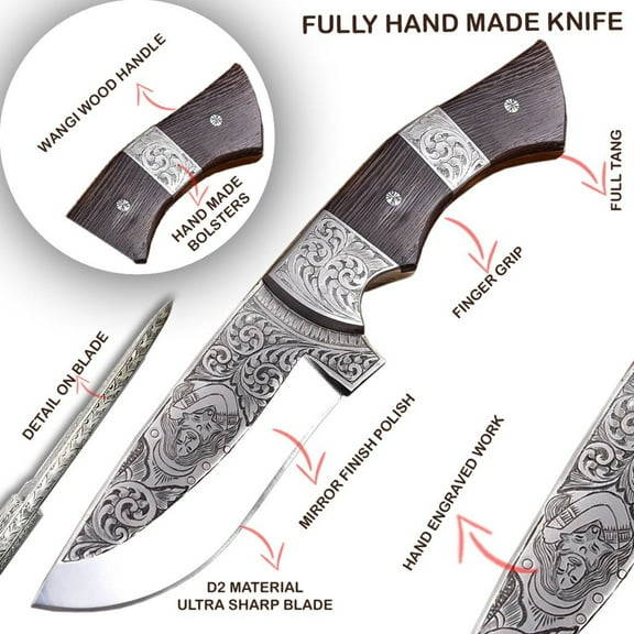 TheBoneEdge 10" Wanging Wood Handle Engraved Blade Hand Made Tracker Hunting knife With Sheath