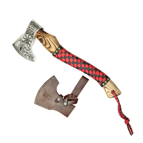 TheBoneEdge 17.5" Steel Blade Hunting Axe Red Black Leather Wrapped Handle With Sheath