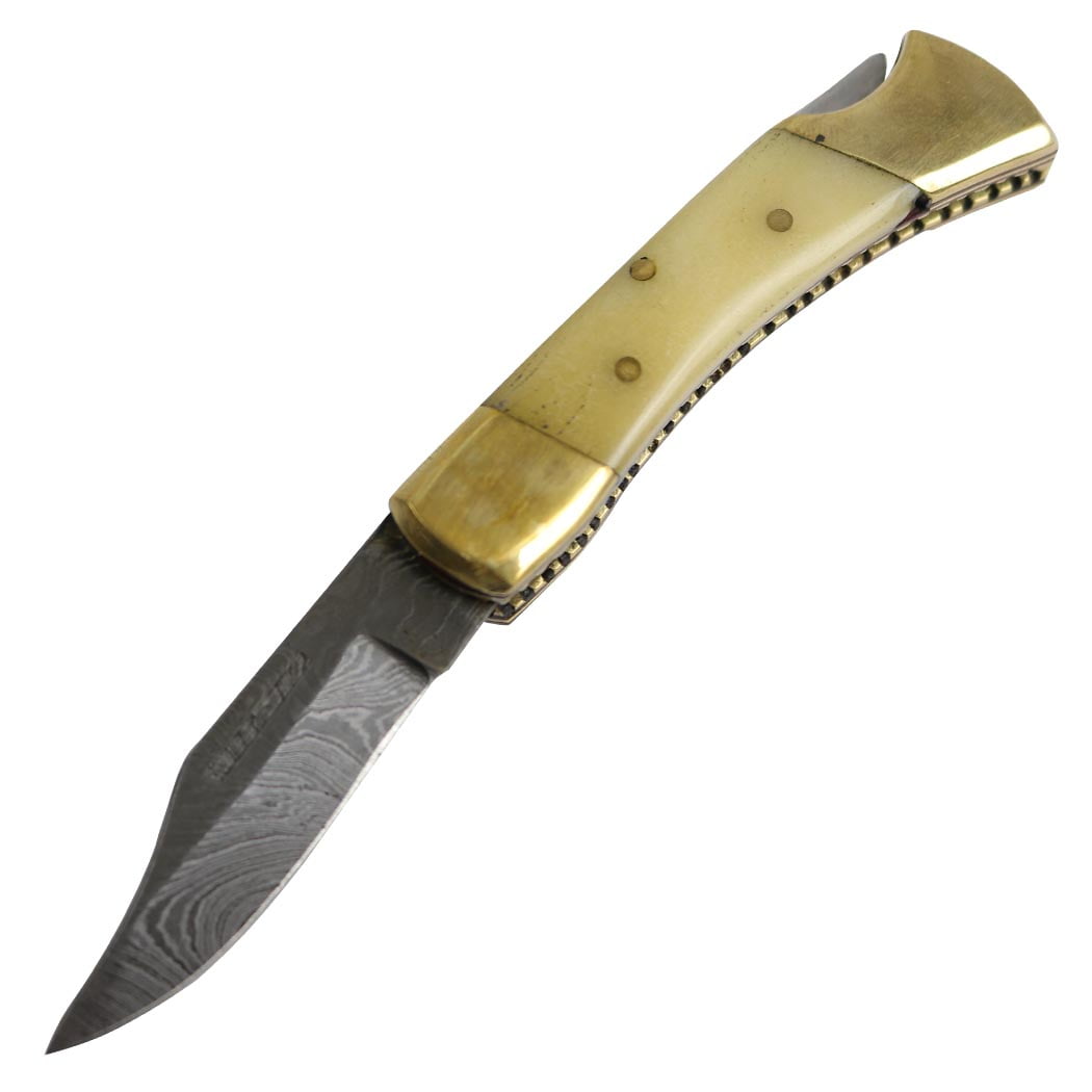 TheBoneEdge 5' Damascus Blade Hand Forged Hunting Folding Knife Bone Handle