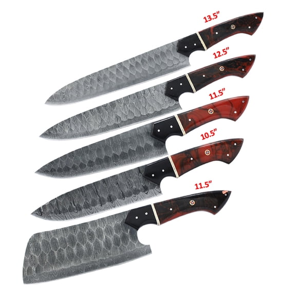 TheBoneEdge 5 Pcs Damascus Forged Blade Chef's Knife Set Red & Black Resin Handle