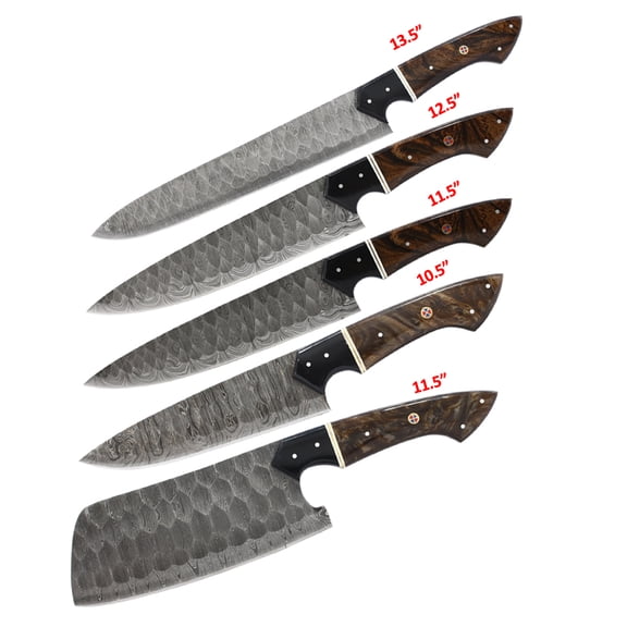 TheBoneEdge 5 Pcs Damascus Forged  Blade Chef's Knife Set Brown & Black  Resin Handle