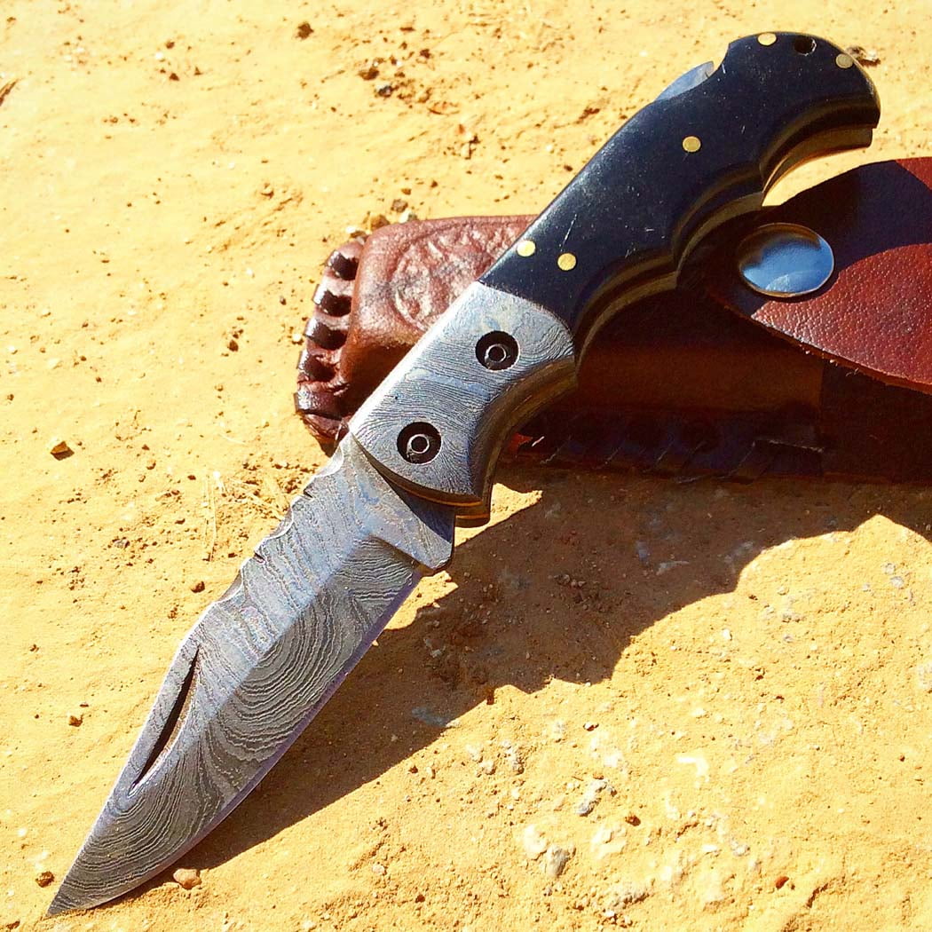 TheBoneEdge 6.5" Damascus Blade Folding Knife Black Handle With Leather Sheath