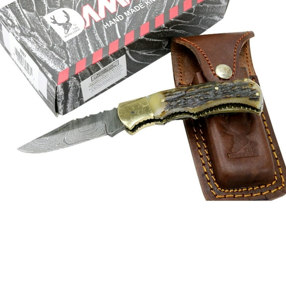 TheBoneEdge 6.5" Damascus Folding Knife Stag Handle Handmade with Sheath New