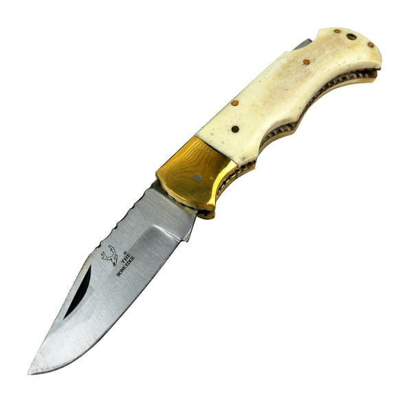 TheBoneEdge 6.5" Stainless Steel Folding Knife Bone Handle With Leather Pouch