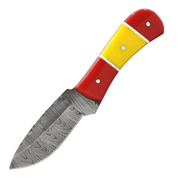 TheBoneEdge 6" Red & Yellow Resin Handle Damascus Blade Hunting Knife With Sheath
