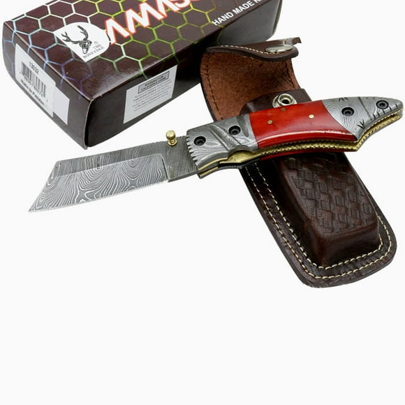 TheBoneEdge 7.5" Damascus Folding Knife Brown Horn Handle Handmade Sheath