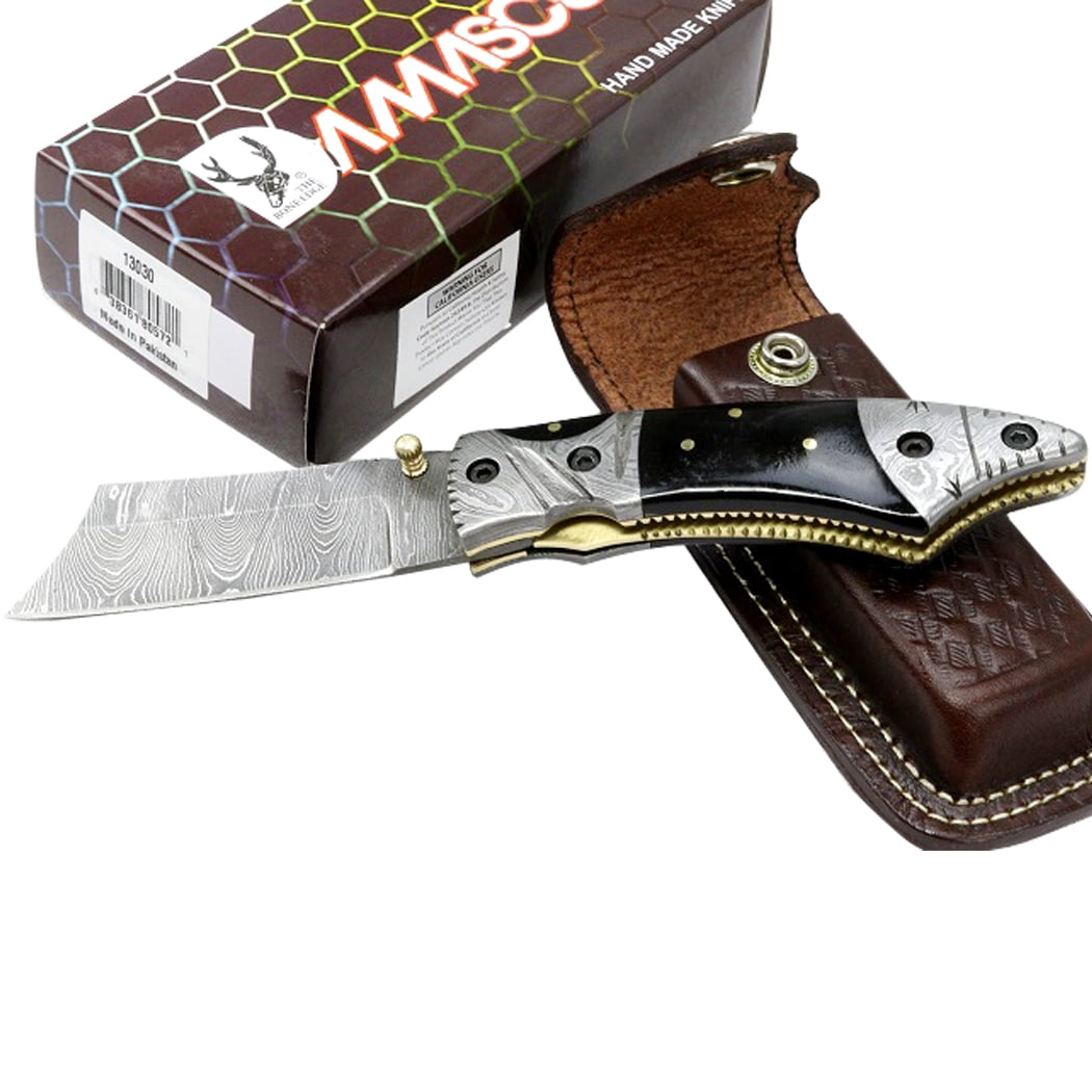 TheBoneEdge 7.5" Damascus Folding Knife Horn Handle Handmade with Sheath