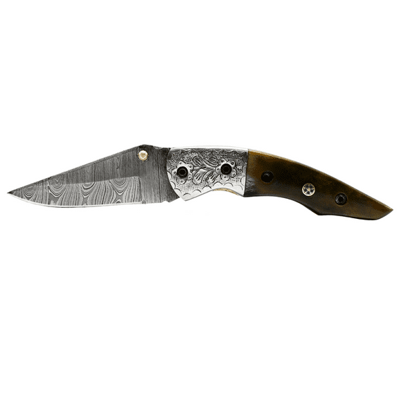 TheBoneEdge 7.5" Handmade Tactical Damascus Steel Blade Pocket Knife Bone Handle with Silver Bolster and Pouch