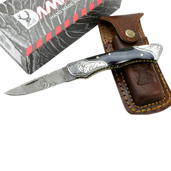 TheBoneEdge 7" Damascus Folding Knife Horn Handle Bolster Handmade with Sheath