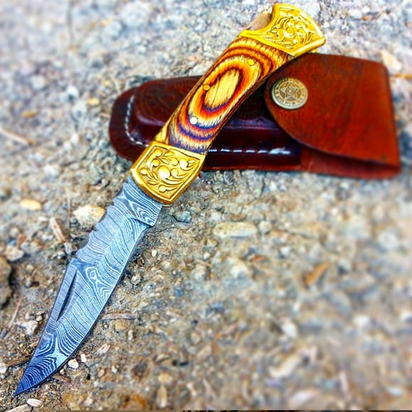 TheBoneEdge 7' Hand Made Damascus Blade Folding Knife Pakkawood Handle Brown New