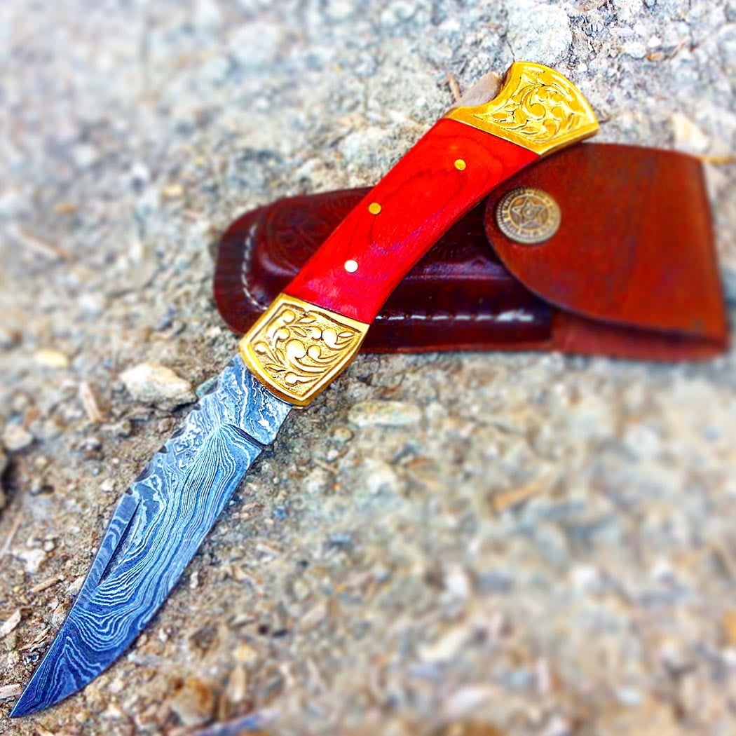 TheBoneEdge 7' Hand Made Damascus Blade Folding Knife Pakkawood Handle Red New