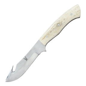 TheBoneEdge 8" Bone Handle Stainless Steel Hook Blade Hunting Knife With Leather Sheath
