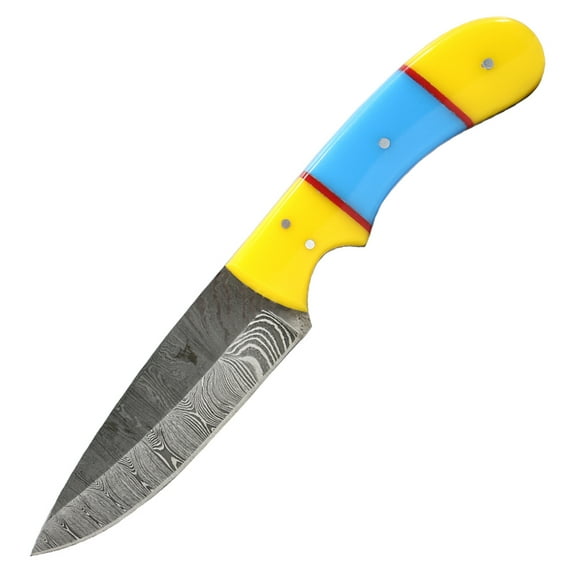 TheBoneEdge 8" Yellow & Sky Resin Handle Damascus Blade Hunting Knife With Sheath