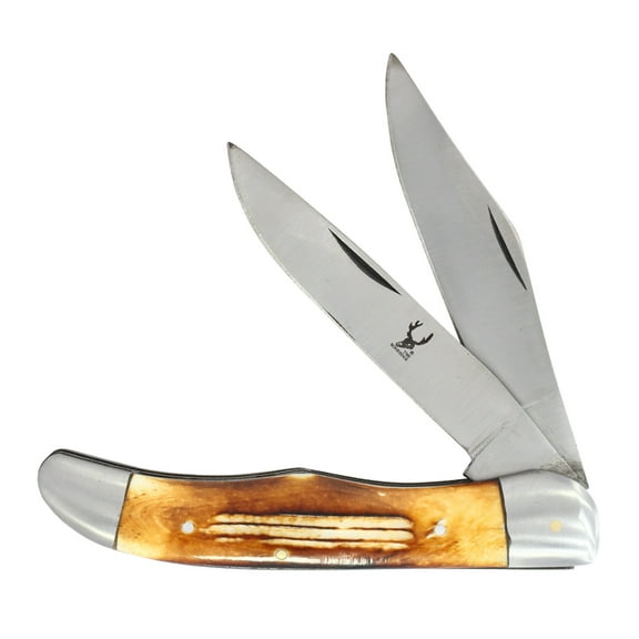 TheBoneEdge 9.5" Practical Dual-Bladed Burn Bone Handle Folding Pocket Knife With Leather Pouch