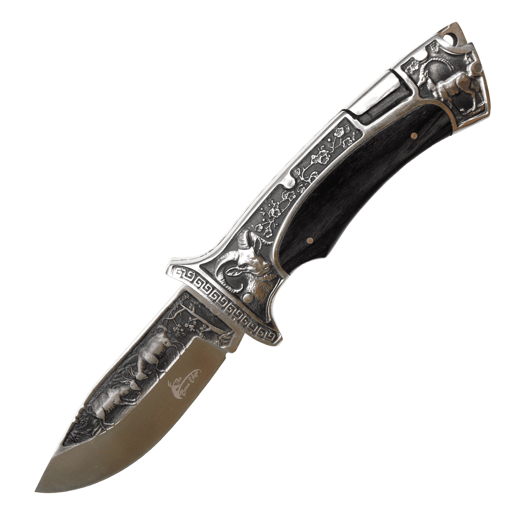 TheBoneEdge 9" Classic Folding Pocket Knife Ram Stainless Steel Engraved Blade Black Pakkawood Handle