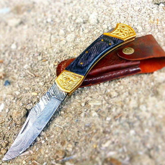 TheBoneEdge 9' Hand Made Damascus Blade Folding Knife Pakkawood Handle Black New
