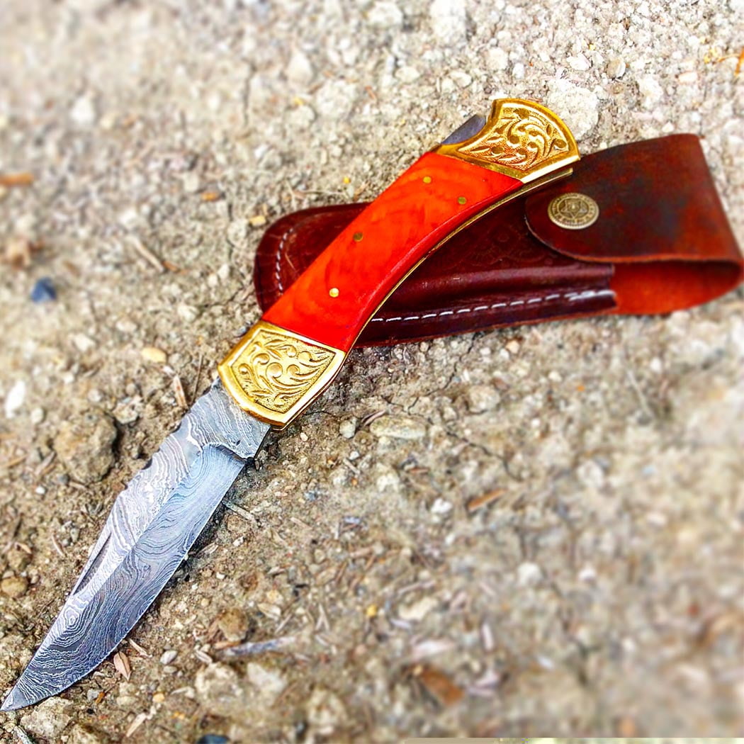 TheBoneEdge 9' Hand Made Damascus Blade Folding Knife Pakkawood Handle Orange