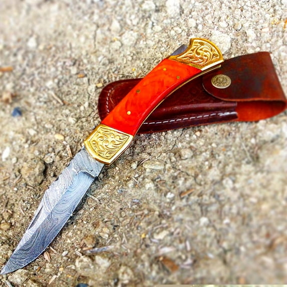 TheBoneEdge 9' Hand Made Damascus Blade Folding Knife Pakkawood Handle Orange