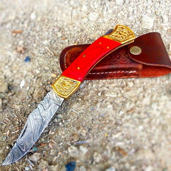 TheBoneEdge 9' Hand Made Damascus Blade Folding Knife Pakkawood Handle Red New