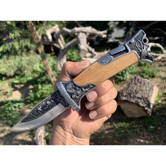 TheBoneEdge 9" Olive Wood Handle Engraved Design Folding Knife 3CR13 Stainless Steel