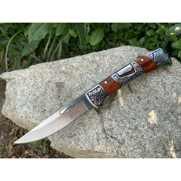 TheBoneEdge 9" Red Pakkawood Handle Engraved Design Folding Knife 3CR13 Stainless Steel