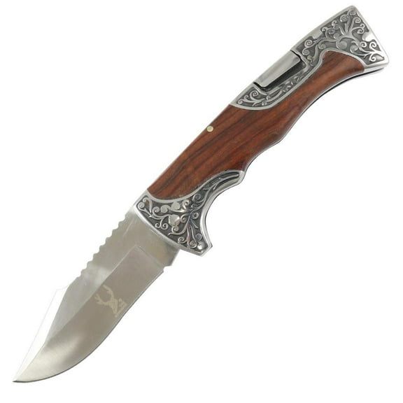 TheBoneEdge 9" Western Style Classic Pocket Knife Stainless Steel Blade Wood Handle Engraved Design