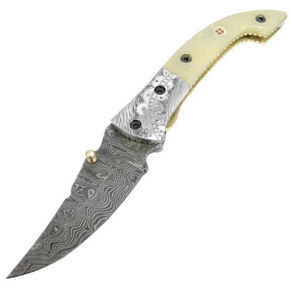 TheBoneEdge Folding Knife Blade 8' Damascus Forged Steel Blade Bone Handle