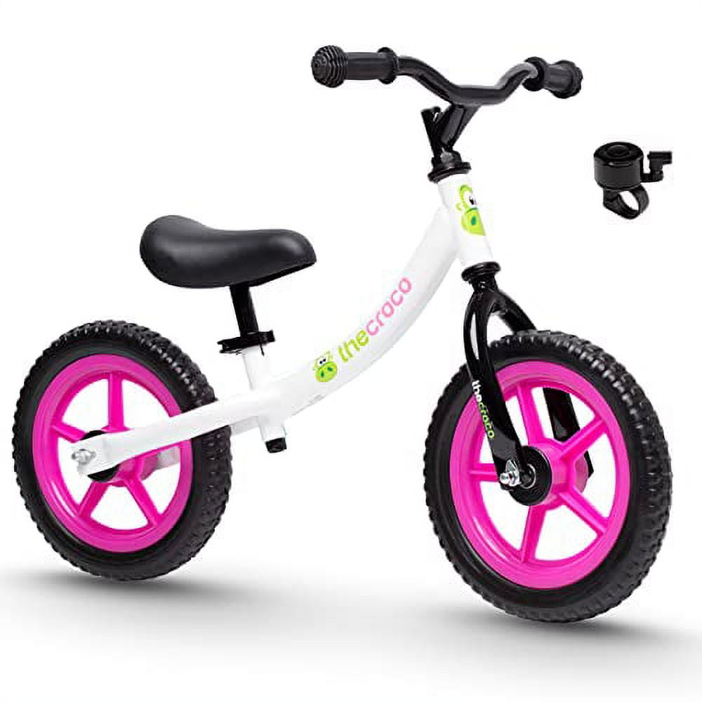 TheCroco 12 inch Balance Bike Lightweight Adjustable Seat No Pedal training bike Ages 2 to 5 Years includes Bell White and Pink