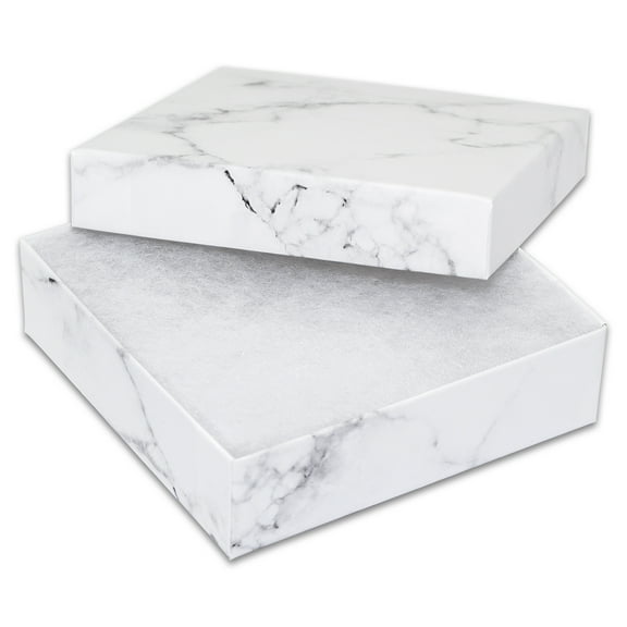 TheDisplayGuys 100-Pack #33 Cotton Filled Cardboard Paper Jewelry Box Gift Case - Marble White (3 1/2" x 3 1/2" x 1")