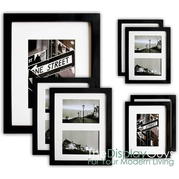 TheDisplayGuys 7pc Solid Pine Wood Tempered Glass Gallery Wall Picture Frames Set - four 8x10, two 11x14, one 16x20 - with Collage Mats & Easels (Black)