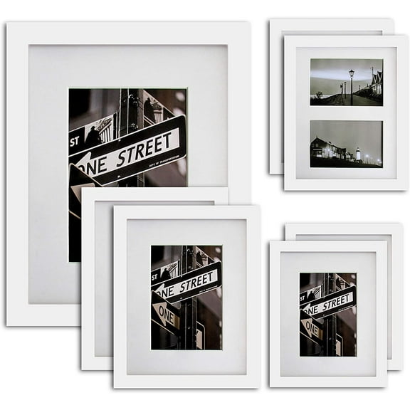TheDisplayGuys 7pc Solid Pine Wood Tempered Glass Gallery Wall Picture Frames Set - four 8x10, two 11x14, one 16x20 - with Collage Mats & Easels (White)