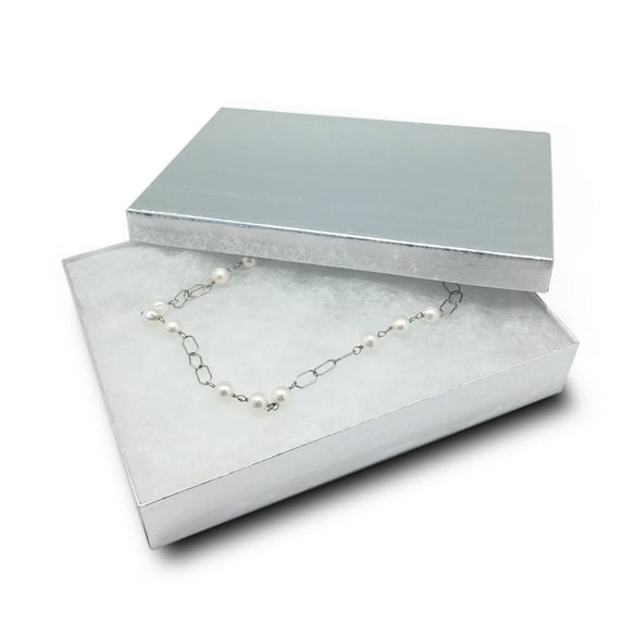 TheDisplayGuys Pack of 25 Cotton Filled Cardboard Paper Silver Jewelry Box Gift Case - Silver Foil #75 (7 1/8" x 5 3/16" x 1 5/16")