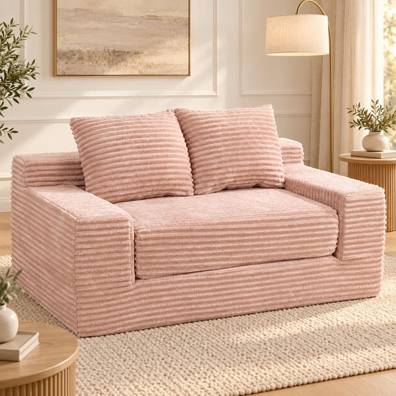 TheEshow 56 inch Corduroy Memory Foam Loveseat, 2-in-1 Compressed Sofa Bed, No Assembly, Pink