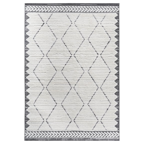 TheEshow 9' x 12' High-Low Cream Anthracite Trellis Area Rug, Non-Shedding Easy-Clean Indoor Rug