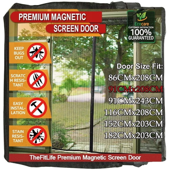 TheFitLife Magnetic Screen Door - Heavy Duty Mesh Curtain with Full Frame Hook and Loop Powerful Magnets That Snap Shut Automatically (38"x83" Fits Door Size up to 36"x82", Black)