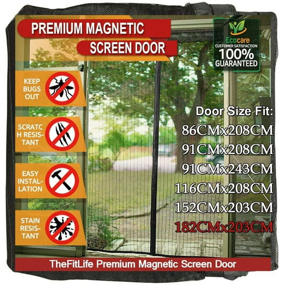 TheFitLife Magnetic Screen Door - Heavy Duty Mesh Curtain with Full Frame Hook and Loop Powerful Magnets That Snap Shut Automatically (74''x81'' - Fits Doors up to 72''x80'', Black)