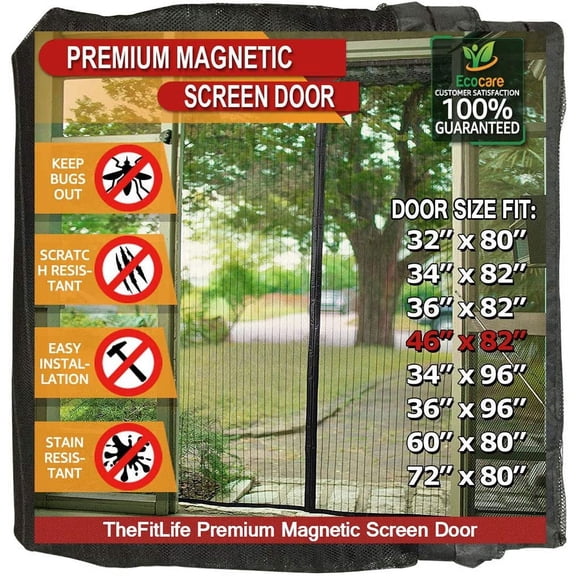 TheFitLife Magnetic Screen Door - Heavy Duty Mesh Curtain with Full Frame Hook and Loop Powerful Magnets That Snap Shut Automatically (48"x83" Fits Door Size up to 46"x82", Black)