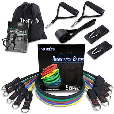 TheFitLife Resistance Bands with Handles - 5 Fitness Workout Bands Stackable up to 150 lbs, Exercise Tubes with Large Handles, Ankle Straps, Door Anchor, Carry Bag(150lbs)